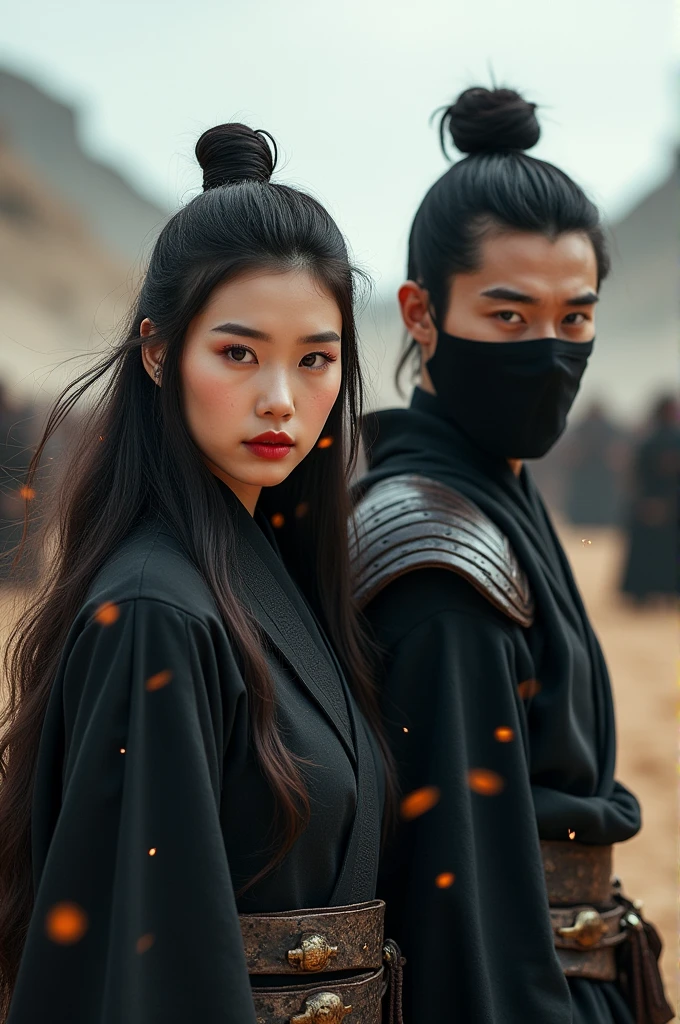 professional photo, portrait of a handsome 19 year old Korean man with hair in a bun, wearing a sninobi costume complete with hair, with his mouth covered with a black veil, red eyes on the right side and blue on the left side standing with a sharp gaze, standing with a beautiful woman with long flowing hair charming face with luscious red lips, beautiful eyes with the same color, wearing the same costume, wearing a black t-shirt and black leather hoodie jacket, complete with an iron-armor visor, loose hair flying in the gentle breeze, the background is a barren field with a high hill behind them, a battlefield, with dozens of ronin samurai surrounding all directions, the picture is so realistic, with the effects of sparks and wind and flying dust, the picture has a slight 3-dimensional touch, very interesting, an extraordinary picture, cinematic, photographic