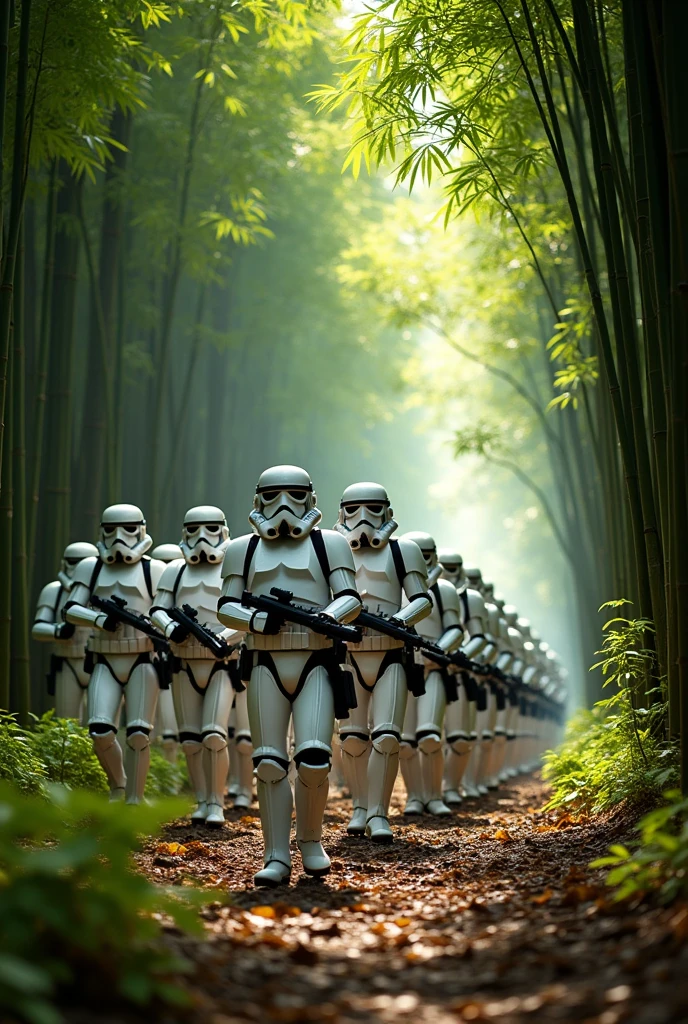 legion of stormtroopers marching in a bamboo forest