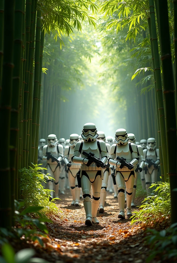 legion of stormtroopers marching in a bamboo forest