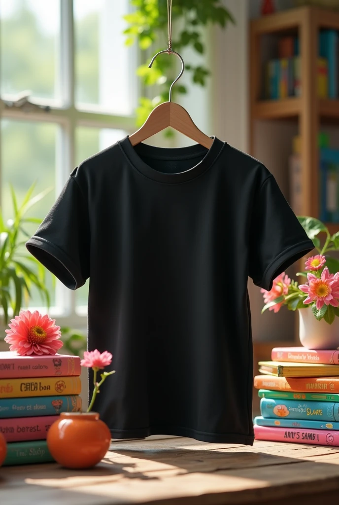 Black cotton baby look shirt mockup, highlighted. various books and pencils and flowers. T-shirt design template, t shirt printing presentation mockup.