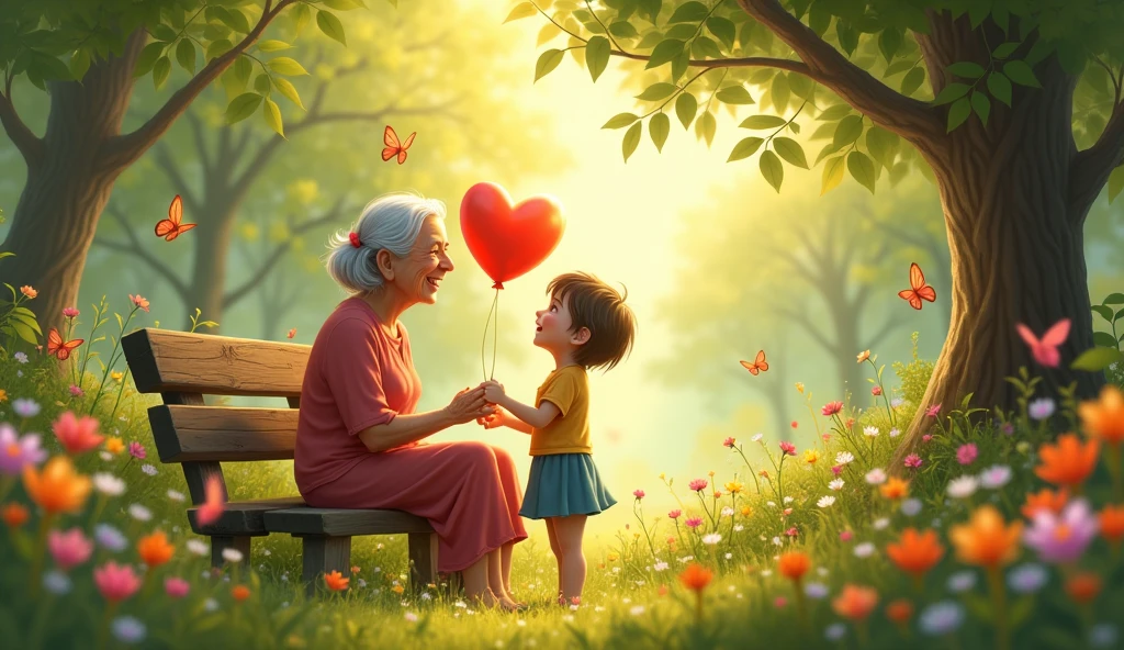 The scene is bathed in warm sunlight filtering through the leaves, creating a peaceful and heartwarming atmosphere that highlights the kindness of the moment.