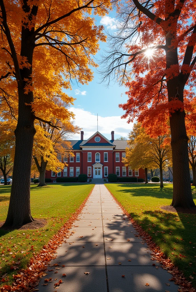 A path lined with trees covered in golden and red leaves, leading to a classic brick school building, with a clear blue sky above, evoking the feeling of a crisp September morning.