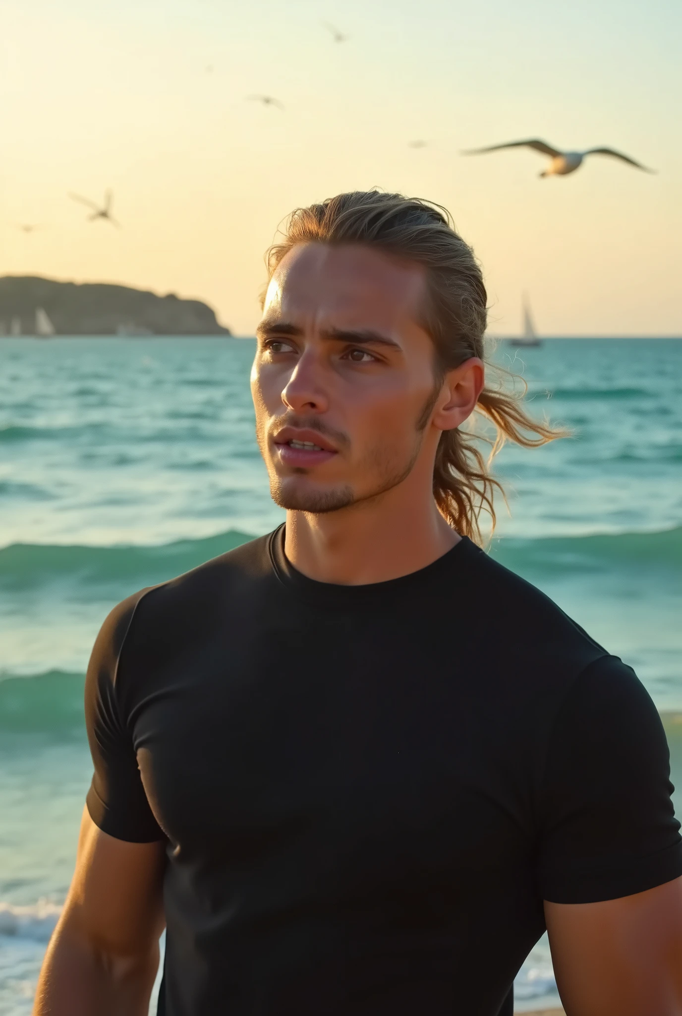 20 years old man pony half pony tail hairstyle with black shirt looking to the sea