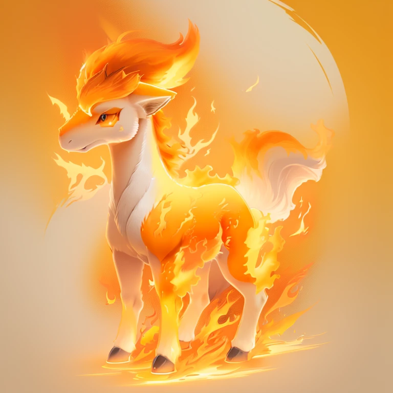 a white horse with orange hair and a yellow mane, fire type, melting into vulpix, ninetales, illustration pokemon, fire and flames mane, firey, style of pokemon, a phoenix, pony, blazing infero, mystery pokemon, amazing, new pokemon, a mythical creature, the background is on fire, conceptual mystery pokemon, created in adobe illustrator