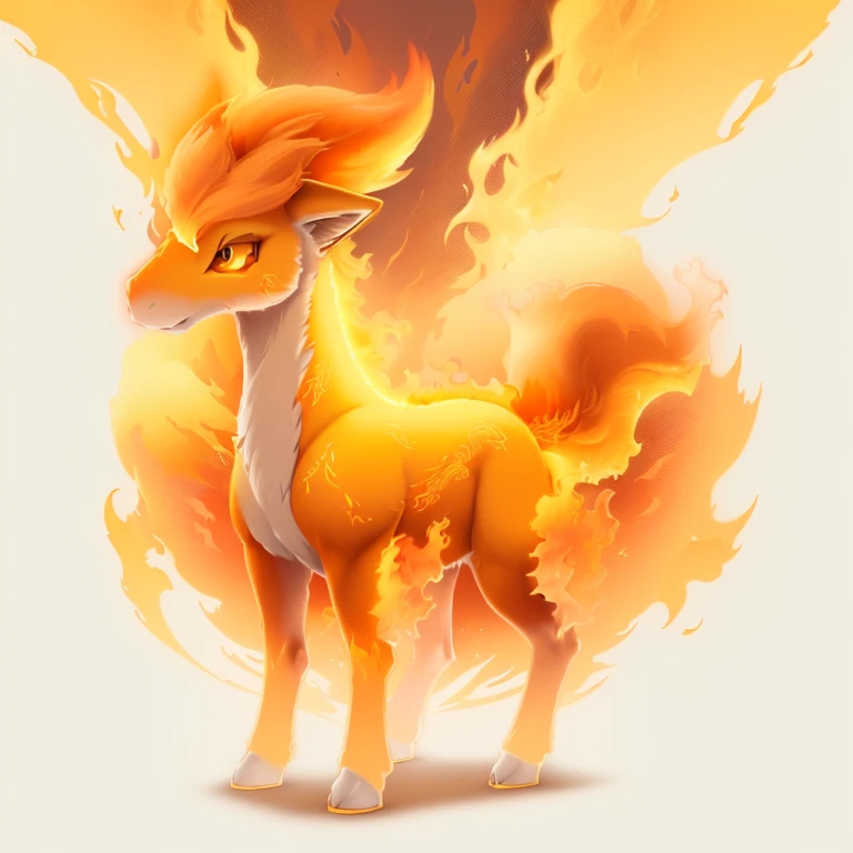a white horse with orange hair and a yellow mane, fire type, melting into vulpix, ninetales, illustration pokemon, fire and flames mane, firey, style of pokemon, a phoenix, pony, blazing infero, mystery pokemon, amazing, new pokemon, a mythical creature, the background is on fire, conceptual mystery pokemon, created in adobe illustrator