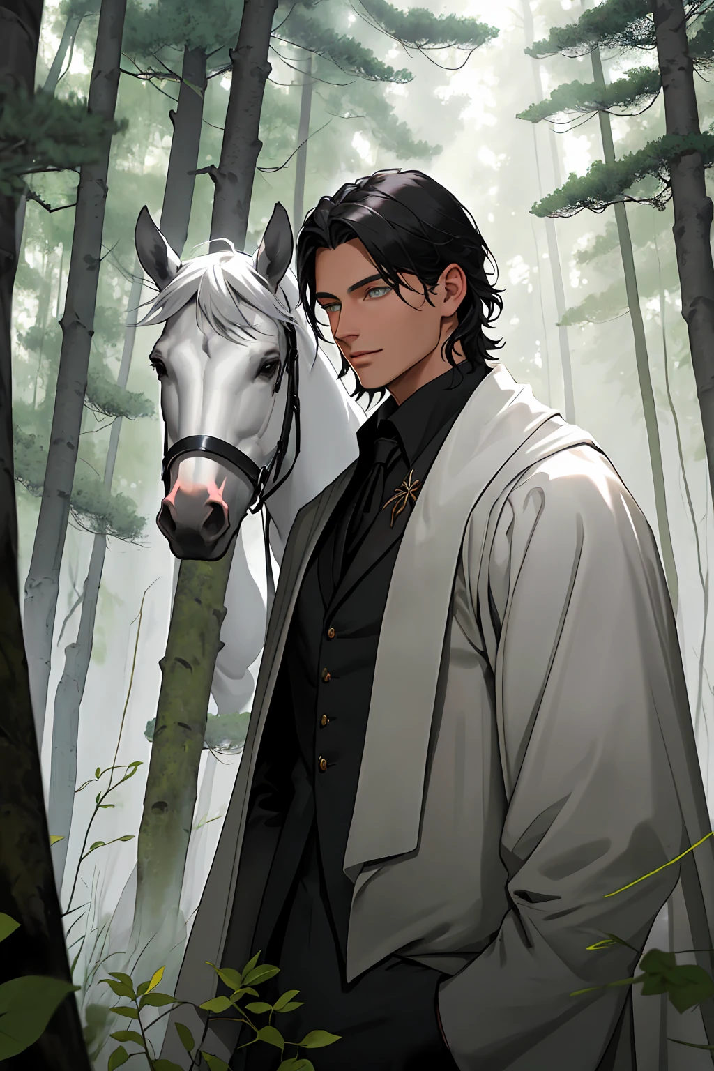 man, 30 years, Elegant man, black suit, deep grey eyes, short black hair, face confident, dense forest in the background, fantasy, strict medieval style of clothing, european style, face confident с лёгкой усмешкой, dense green forest, light breaks through the trees, white horse in the background, a light fog envelops the forest