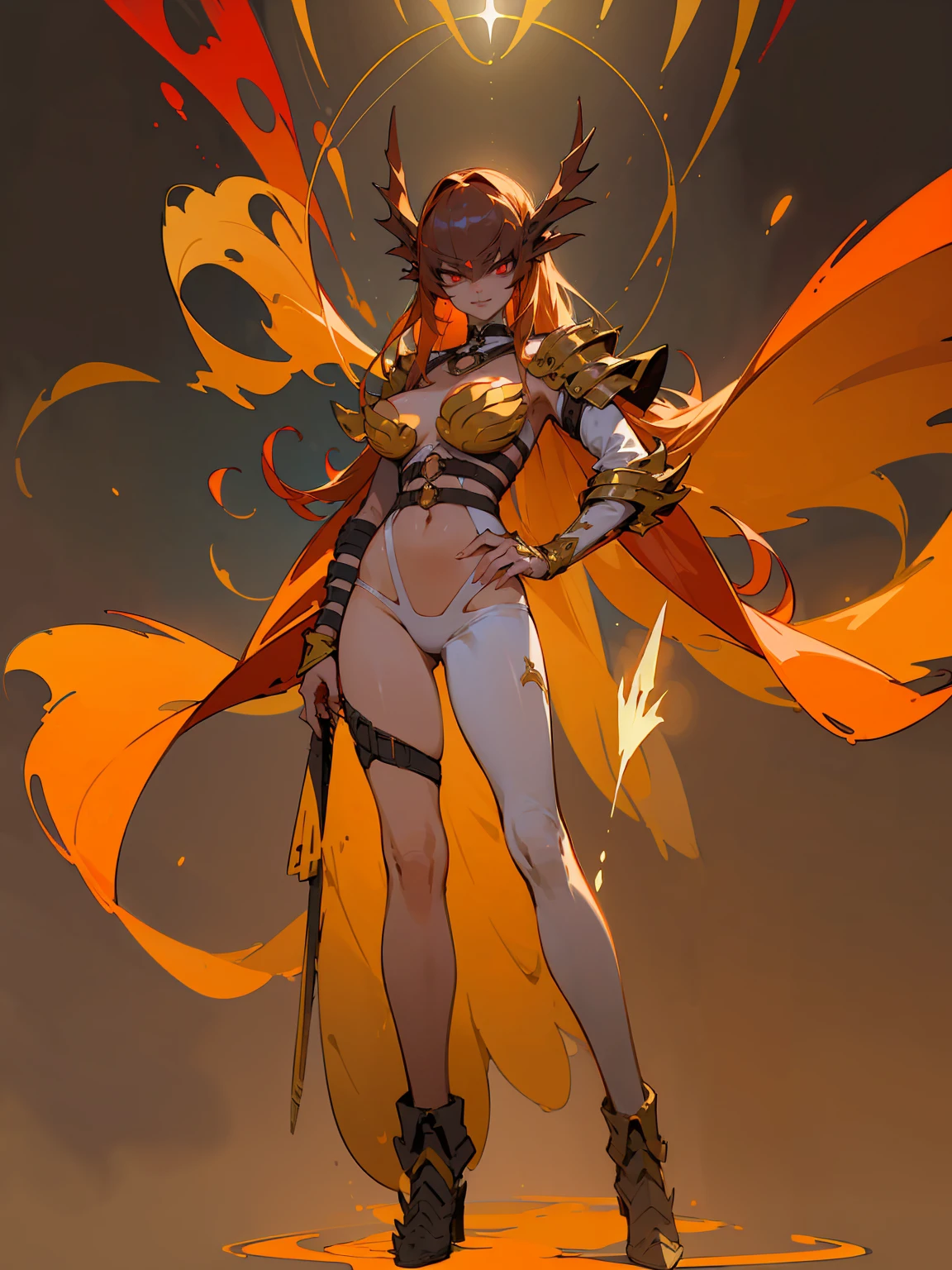 (((work of art, best qualityer, highy detailed, 16K))) Hz (1 girl) A fierce dragon knight with a savage body, fiery orange hair and glowing red eyes. She wears dragon scale armor that glows in shades of red and gold., and a large sword is strapped to his back. She is confident next to her dragon, her hand resting on his huge neck. ((full body view))