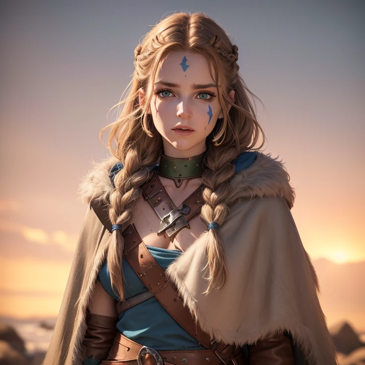 (Viking woman:1.2), (war paint on face), warrior makeup, (green eyes:1.1), (muscular), (fur coat), (fur skirt), (pants), (red brown hair color:0.9), (Viking hairstyle), (loose hair with small braids at scalp), (leather strap top), feathers, cloak over shoulder, spaulders, (Blue, grey and brown outfit:1.2), Warrior, (best quality,4k,8k,highres,masterpiece:1.2),ultra-detailed,(realistic,photorealistic,photo-realistic:1.37),HDR,UHD,studio lighting,ultra-fine painting,sharp focus,physically-based rendering,extreme detail description,professional,vivid colors,bokeh