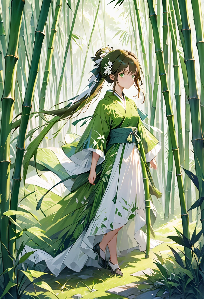 in bamboo forest.masterpiece, best quality, Ultra-high resolution, (Extremely detailed), (1 fair girl), (abstraction:1.4),of green, visually stunning, fair, Evocative, emotional, ((White background)), green theme,