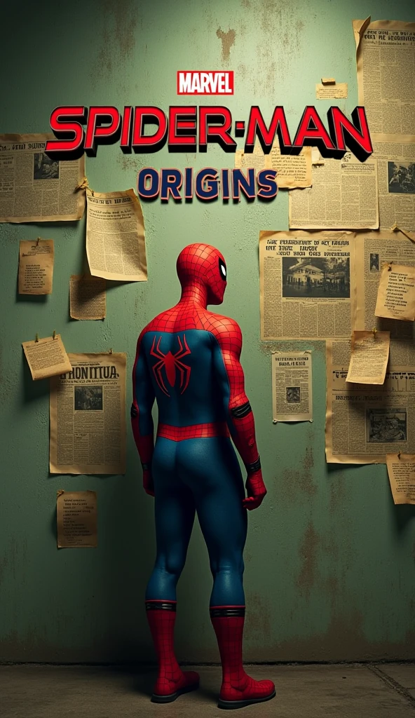  "prompt": "Design a YouTube thumbnail that features Spider-Man standing thoughtfully in front of a wall covered with old newspaper clippings and photos, hinting at his origins and past struggles. The color scheme includes muted greens and browns with a vintage filter effect, giving the image a nostalgic feel. The text 'Spider-Man Origins' is in bold, retro-style font, evoking a sense of history and discovery."