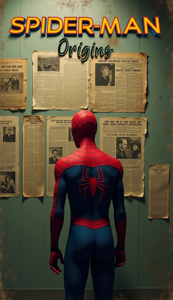 "prompt": "Design a YouTube thumbnail that features Spider-Man standing thoughtfully in front of a wall covered with old newspaper clippings and photos, hinting at his origins and past struggles. The color scheme includes muted greens and browns with a vintage filter effect, giving the image a nostalgic feel. The text 'Spider-Man Origins' is in bold, retro-style font, evoking a sense of history and discovery."