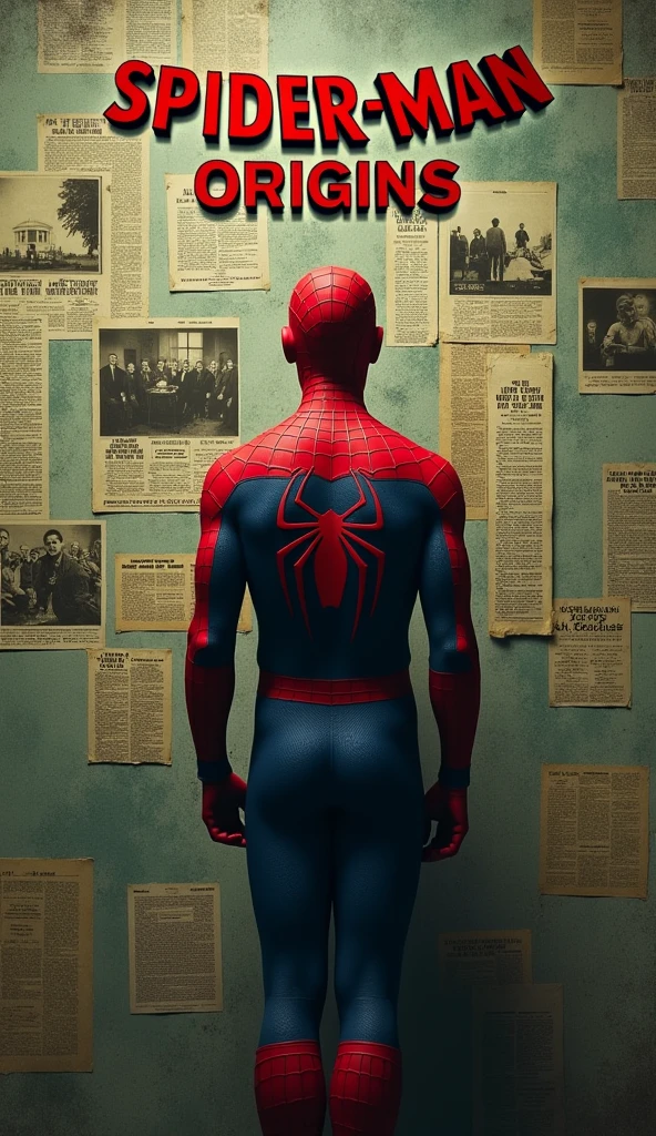 "prompt": "Design a YouTube thumbnail that features Spider-Man standing thoughtfully in front of a wall covered with old newspaper clippings and photos, hinting at his origins and past struggles. The color scheme includes muted greens and browns with a vintage filter effect, giving the image a nostalgic feel. The text 'Spider-Man Origins' is in bold, retro-style font, evoking a sense of history and discovery."