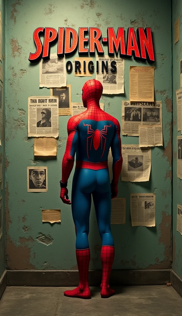 "prompt": "Design a YouTube thumbnail that features Spider-Man standing thoughtfully in front of a wall covered with old newspaper clippings and photos, hinting at his origins and past struggles. The color scheme includes muted greens and browns with a vintage filter effect, giving the image a nostalgic feel. The text 'Spider-Man Origins' is in bold, retro-style font, evoking a sense of history and discovery."