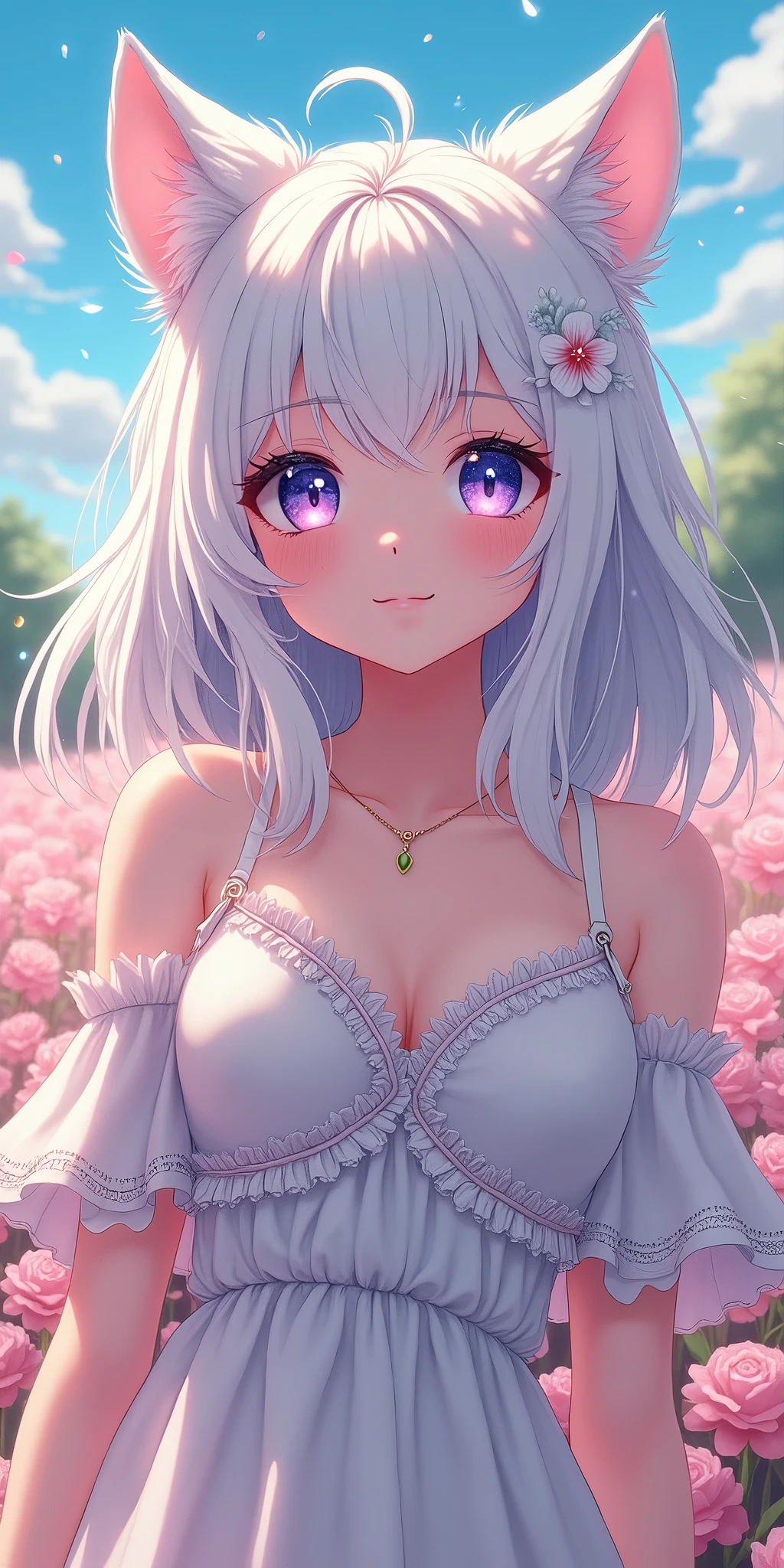 (best quality, ultra-detailed, photorealistic: 1.39), bright and vibrant colors, studio lighting, romantic expression, An effeminate Wolf-Girl, with a delicate and beautiful face. She is a girl who reflects seductive beauty, sparkling blue eyes, extremely beautiful Wolf-Girl, beautiful wolf-girl with wavy white hair, her large breasts seduce, beautiful strap dress, ruffles on the dress, lace on the edges of the dress, her sparkling purple eyes match her passionate smile, in a field of flowers she strikes a beautiful pose demonstrating the your love for nature, anime style