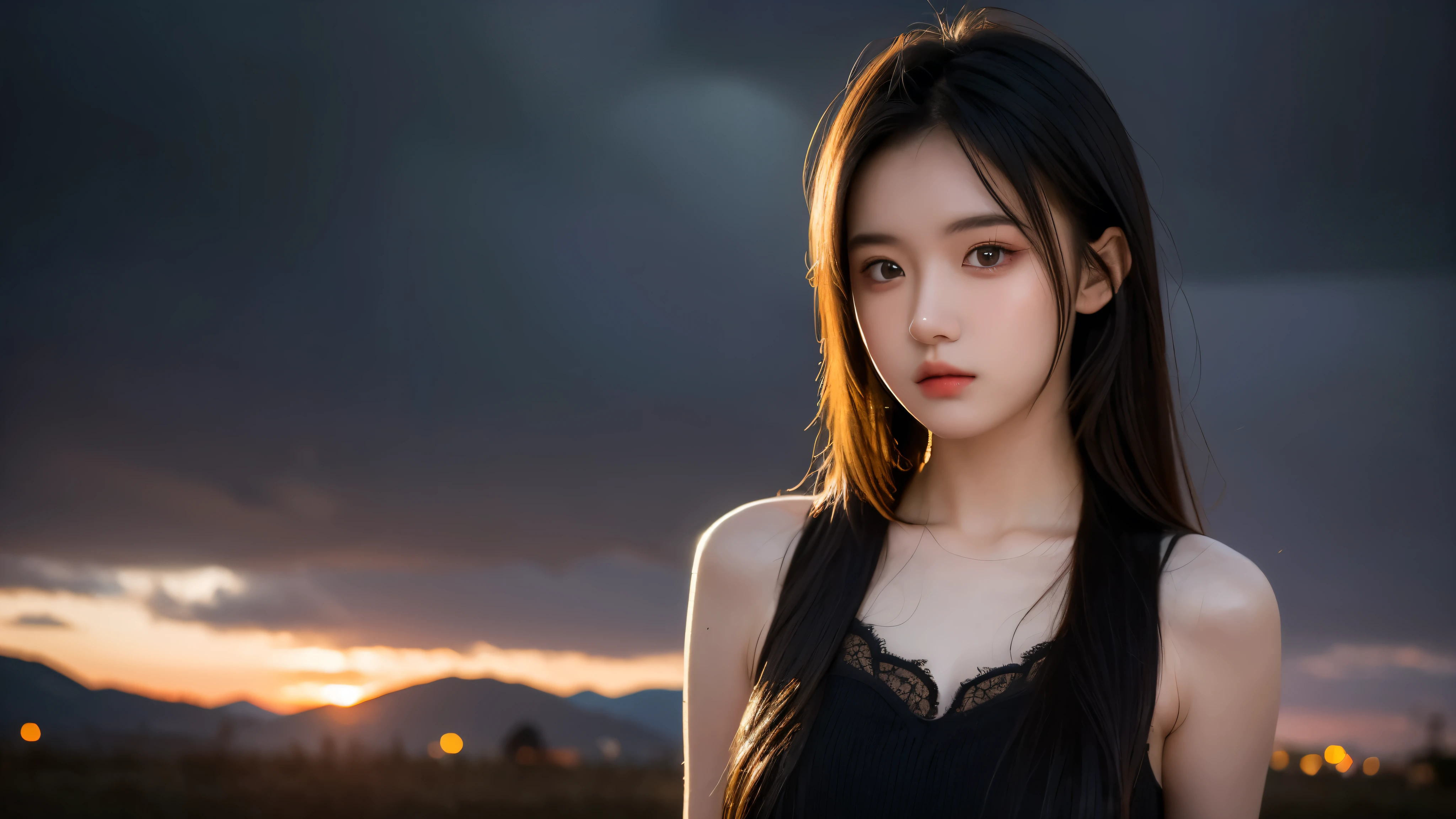 An 8k masterpiece, the highest resolution, every detail, meticulous detail, depth of field, bright colors, beautiful composition: an 18-year-old adolescent girl with black hair and beautiful innocent eyes in stunning detail, standing on a dark and ominous background.