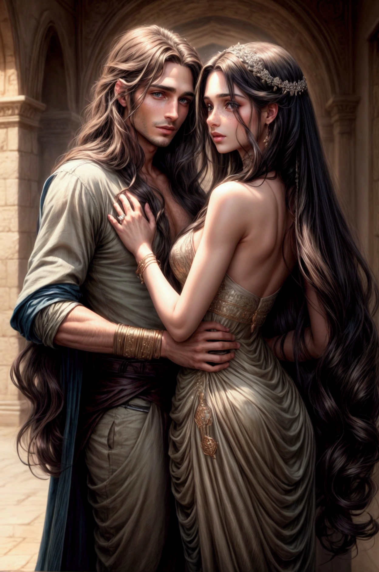 a romantic image of a man with long brown hair olive skin blue eyes and a woman with long black hair brown eyes pale skin and freckles.