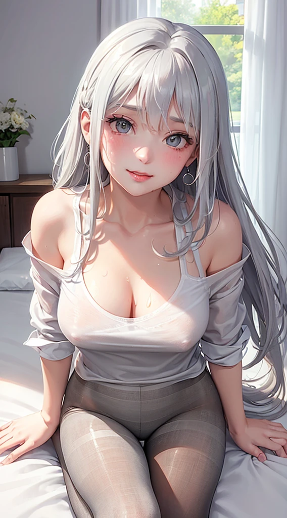 1Girl, 24 years old, Solo, Anime, Ideal body, (Cleavage, (Small breast:1.1), (Hard nipples:1.1). Beautiful, Gorgeous, Fresh, Flesh, Blunt Bangs, (White Grey Hair:1.5), (Straight and Wavy Long Hair:1.3), (Casual Shirt:1.5), (Camisoles:1.4), (Pantyhose:1.5), Off-Shoulder, Oversize, Comfort, Loose, Fabric Texture. (Seducing Pose on bed:1.3), Open cloth, Earrings, Thin Black Headband, Green Accessories, Environmental Details, Bed Room, Natural Light, Modern Bed, Chair, Window, White Curtain, City View. pov, anime style, UHD, retina, masterpiece, accurate, anatomically correct, textured skin. High Resolution, Looking at the viewer, Blush, Best Quality, Award Winning, Accurate, Embarrassed, seductive smile, sweating, Naughty Face, Chin up, lips open, Gradient Eye Color, Sexy Pose. In the top view shot, in front of a camera, looking up to the viewer, licking lips. From Above, (sticky goo on breast), (goo on body), (sweating).