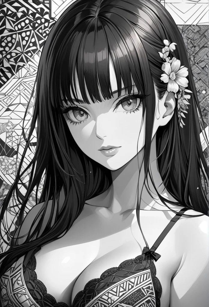 Nico Robin, absurdres, highres, ultra detailed, ultra-detailed background, detailed background, extremly detailed, 1girl,bunch of flowers, (zentangle:1.2), (geometric:1.2), black and white color palette, monochromatic, big breasts, cleavage, sideboob, lingerie, realistic depiction, ((portrait)), close up, straight on,