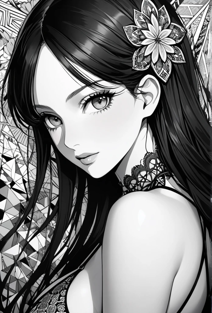 Nico Robin, absurdres, highres, ultra detailed, ultra-detailed background, detailed background, extremly detailed, 1girl,bunch of flowers, (zentangle:1.2), (geometric:1.2), black and white color palette, monochromatic, big breasts, cleavage, sideboob, lingerie, realistic depiction, ((portrait)), close up, straight on,
