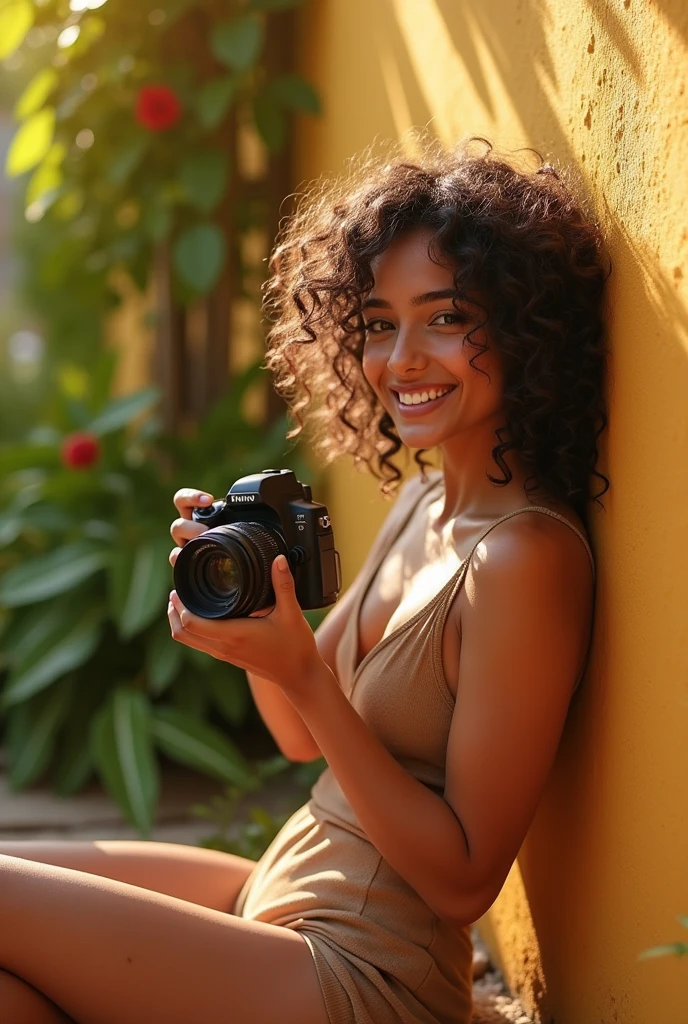 A brunette girl with curly hair and big breasts sits with her legs stretched out, taking a realistic photo