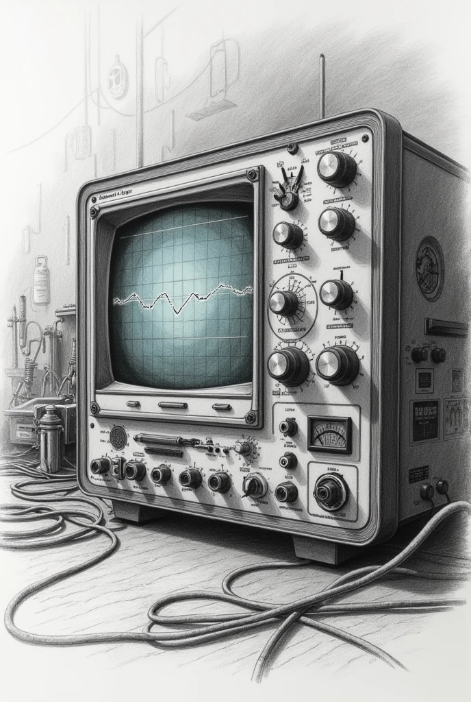 A pencil drawing of an oscilloscope indicating its controls