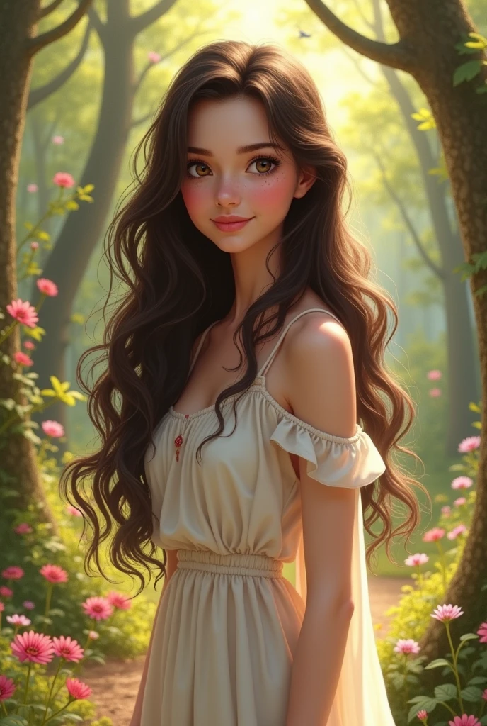 alicia, , round, dark eyes, blushing mouth, somewhat rounded face and not marked on the jaw, Loose Clothes, white , parecida com a white de neve mas seus cabelos são castanhos escuros e cumpridos até a altura da cintura ondados nas pontas. It would always be