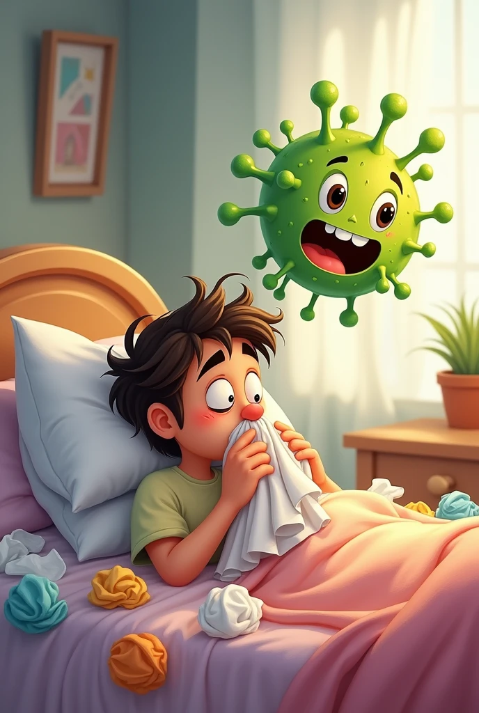Disney-like animation of a man lying in bed sick blowing his nose with lots of papers he used to blow his nose on the floor and a green virus with spikes jumping on top of his bed very happy