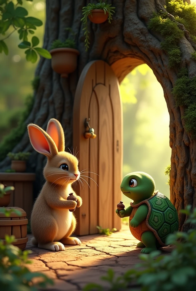 .Scene 9:
Clover(brown rabbit) Receives the Acorn

Setting: The cozy room inside the tree.
Action: As Clover(brown rabbit) prepares to leave, Tumble(green tortoise) gives him a small acorn as a token of their friendship