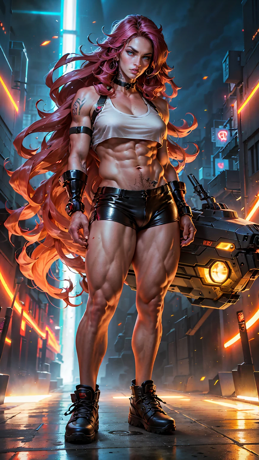 (megan fox), (1 girl), young girl, masculine physique, seductive face, seductive look, long pink hair, perfect muscular body, long thin legs, latex panties, sissy, choker, (huge muscular shoulders:1.45), (full body shot), MeganF_SoloTI_v1