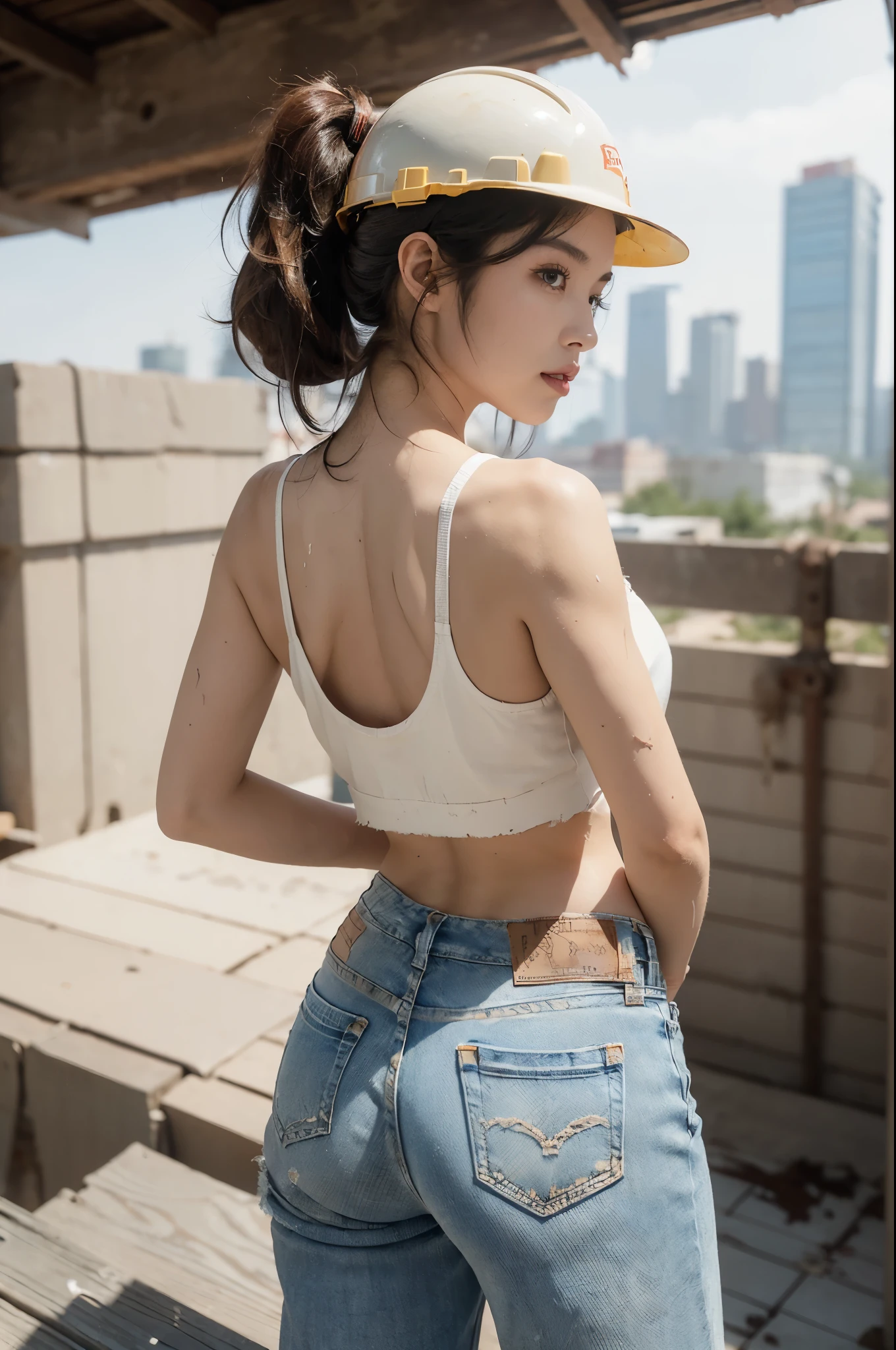 (((best quality))), (((ultra detailed))), (((masterpiece))), illustration,((a beautiful girl,solo)),(hard hat on head:1.3),(short ponytail:1.2),(flushed cheeks:1.3),(Brownish red skin:1.3),((sweat,wet)),((slim,thin)),((bare back,towering hips,butt crack)), (dirty torn white tank top:1.3),(tattered jeans:1.3),(standing:1.2),(High altitude construction site:1.3),(on the roof:1.2),(outdoor:1.2),(bricks:1.3), scorching sun, vibrant city,((cement, dust)), determined hustle, quiet, determined girl, indomitable spirit, human resilience, perseverance, unwavering resolve, back-breaking work, awe, respect, narrative, sacrifice, hard work, unseen heroes, city buildings,((from back,upper body))