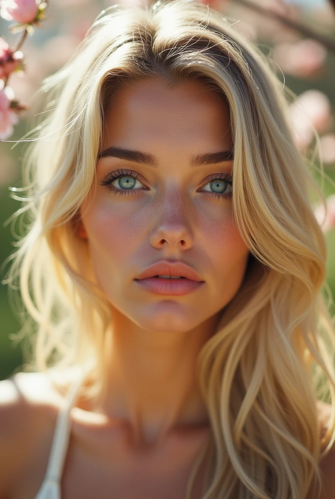 Femme blonde aux yeux bleu avec un visage qui est beau avec des levres de taille normales et un nez de moyenne taille qui est realiste on dirai une vraie personne