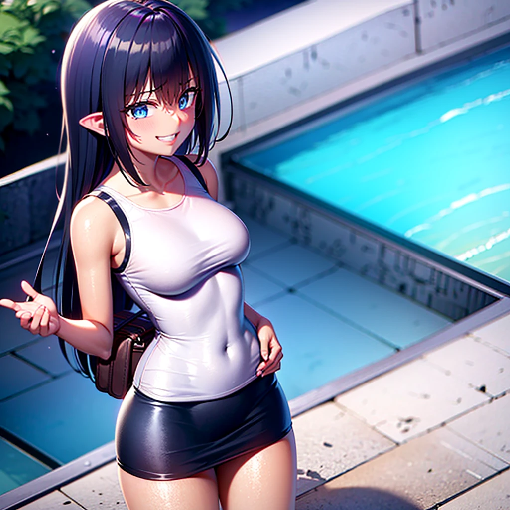 One person, blush, soze lulu suzuhara, blue eyes, Brown Hair, hair ornaments, Hair on one eye, Hair Ribbon, bag, View your viewers, Outdoor, Grin, (Dark Skin:1.2), (Dark skinned women:1.2), Micro Dress, Bodycon, O-ring, mini skirt, Waist cutout, bangs, Day, clavicle, Ear Clip, Exposing shoulders, Elbow hand pockets, asymmetrical bangs, Upper Body