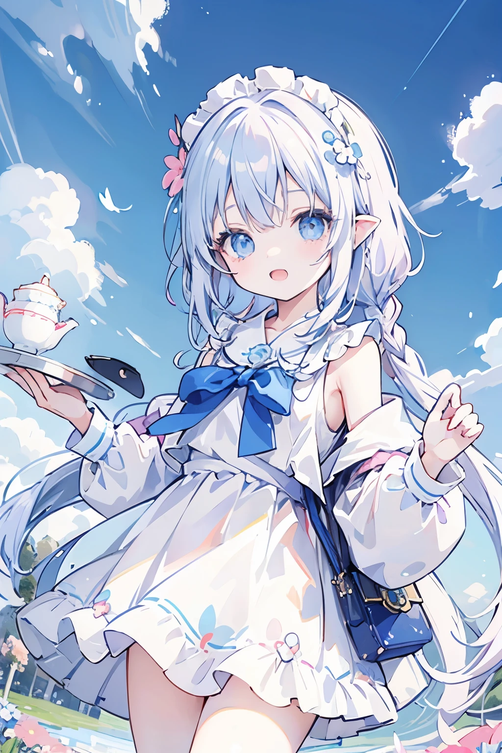 anime、pastel、Very young、child、6 years old、Very short、Open your mouth、Laugh out loud、Showing teeth、Double teeth、pastelホワイトの髪、Stray hair、Braided Short、Flower Hair Ornaments、fluffy ears、Dropped ears、Fluffy tail、azure blue eyes、Odd Eye、Cute eyes、Wide open eyes、Light in your eyes、Cheeky cheeks、Slender body、Cool clothes、Wearing a white dress、Shoulder、Thighs、Outdoor、Cute Girlfriend、happy、Frolic innocently、Colorful flowers、Going out、Flower Field、Tea party