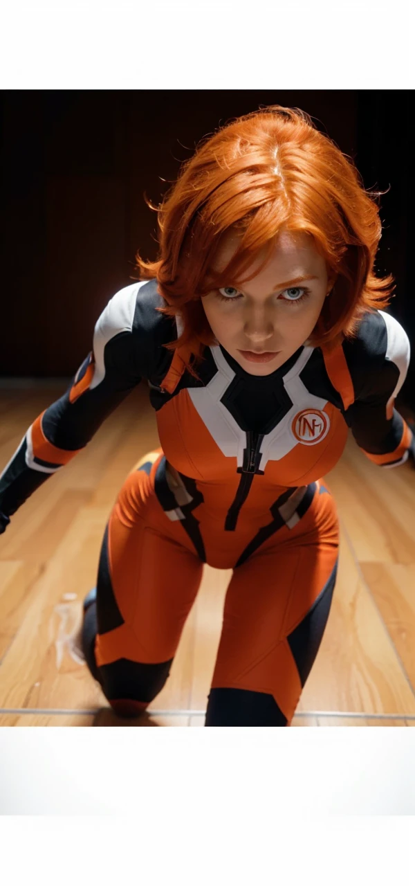 Woman, super, colan(( half orange half red)), Pentagon with 6 number on it sewed on the colan in the chest, ginger, (red hair), run action pose, full body, 8k, eos 5 camera. ((White background)). Grid lines on the floor. Nano suit.