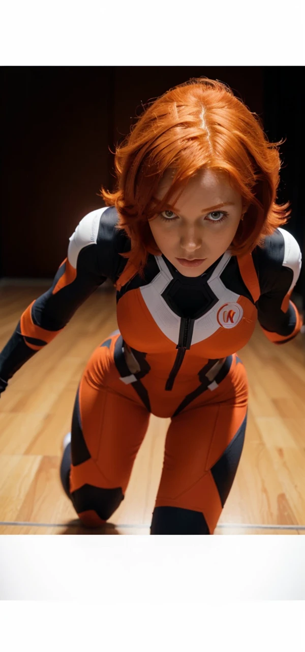 Woman, super, colan(( half orange half red)), Pentagon with 6 number on it sewed on the colan in the chest, ginger, (red hair), run action pose, full body, 8k, eos 5 camera. ((White background)). Grid lines on the floor. Nano suit.