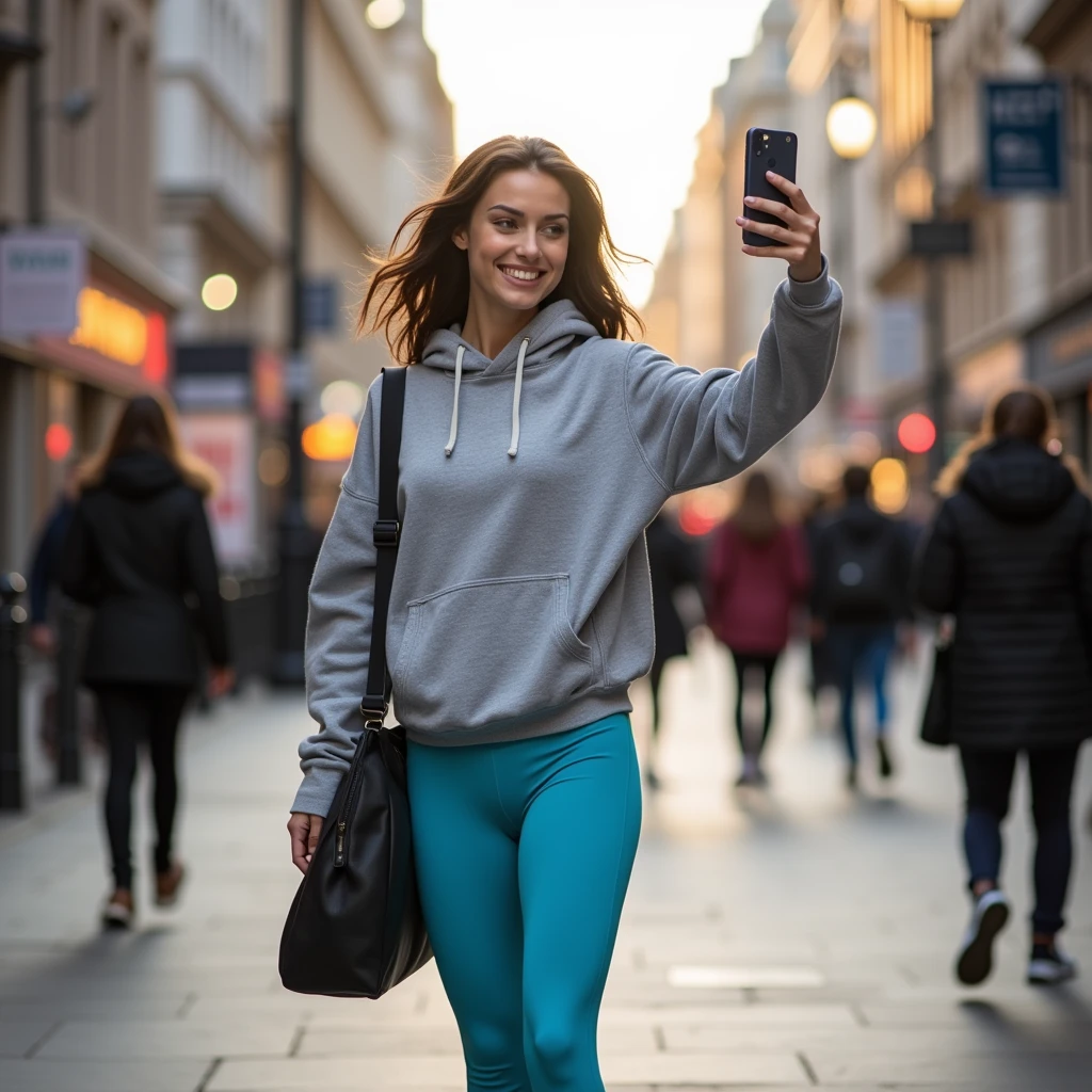 Beautiful brunette model, flirty smile , walking down a London sidewalk, gym bag on shoulder, wearing baby blue Lululemon scrunch butt leggings and grey hoodie, taking a selfie on the street with an iPhone 15 pro max at home