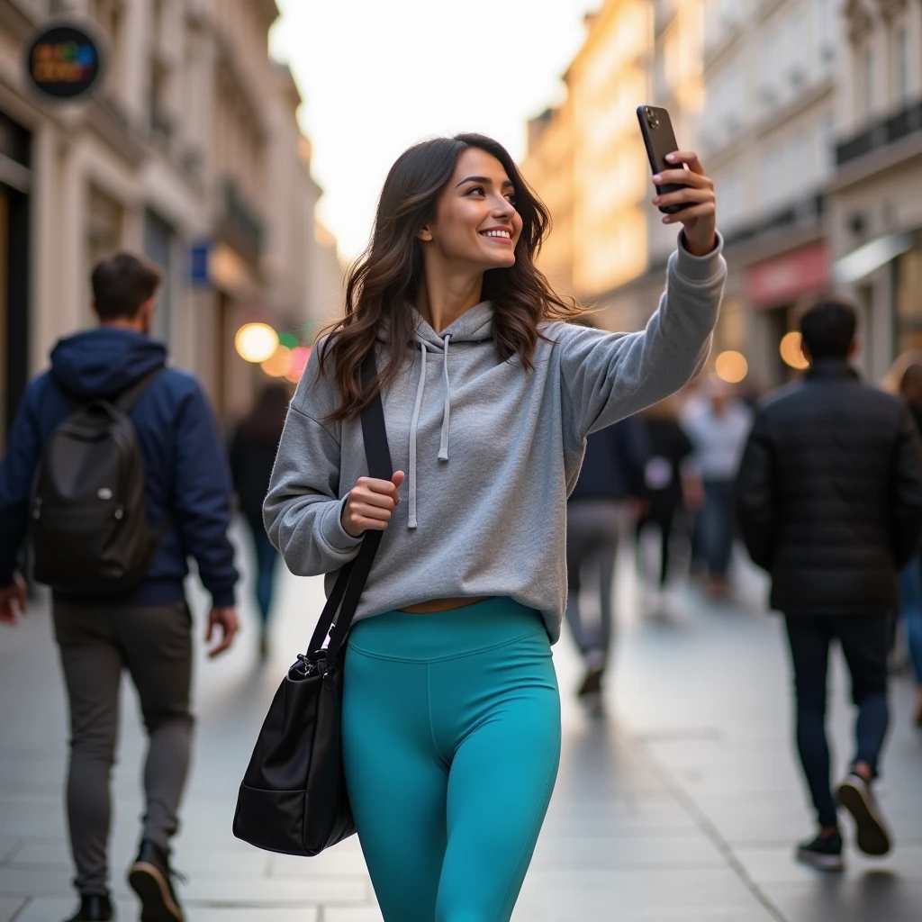 Beautiful brunette model, flirty smile , walking down a London sidewalk, gym bag on shoulder, wearing baby blue Lululemon scrunch butt leggings and grey hoodie, taking a selfie on the street with an iPhone 15 pro max at home