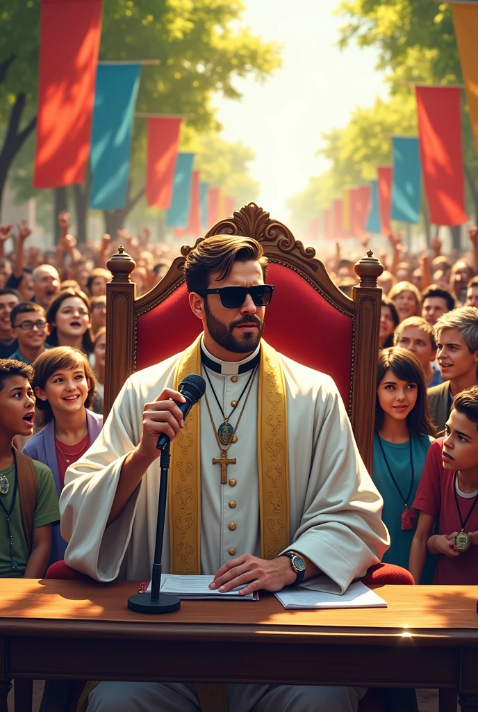 Draw me a priest in Marvel comics style with dark glasses dressed in white, giving a speech in his chair sitting, In front of him there is a table and a microphone. In front there is a crowd of several people, children,adults and elderly.