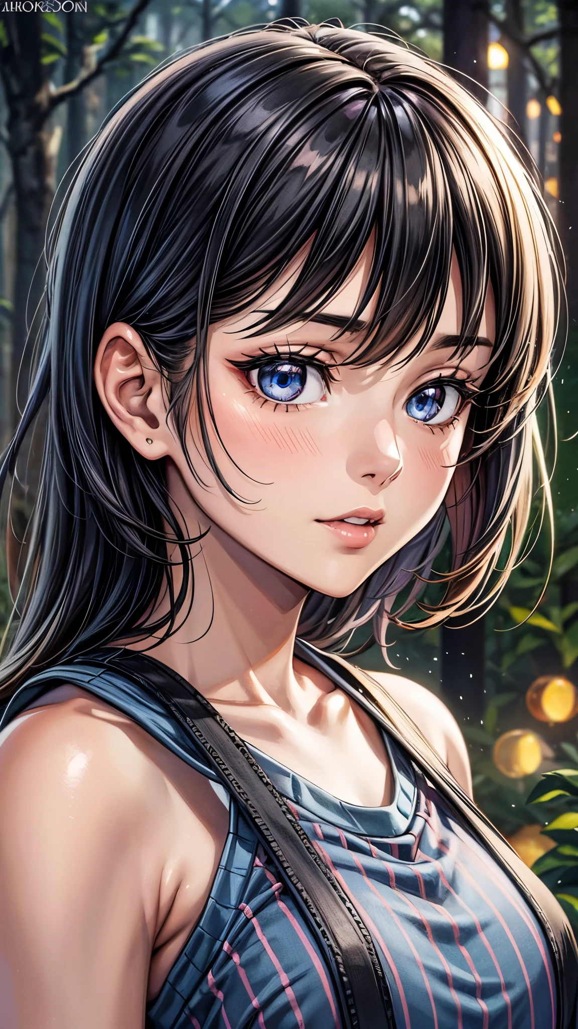 ((look away2.0)),((face close up)),beautiful detailed eyes, beautiful detailed lips, extremely detailed eyes and face, longeyelashes, 1 Japanese girl, inside theBamboo Forest ,,((dark skin color2.0)), (very short black hair),displeased,casual ((striped shirt, short sleeve)),((pink color wide pants)),blue sneaker, shoulder bag, walk the countryside,best quality, 4k, 8k, highres, masterpiece:1.2, ultra-detailed, realistic, photorealistic, photo-realistic:1.37, HDR, UHD, studio lighting, ultra-fine painting, sharp focus, physically-based rendering, extreme detail description, professional, vivid colors, bokeh, portraits