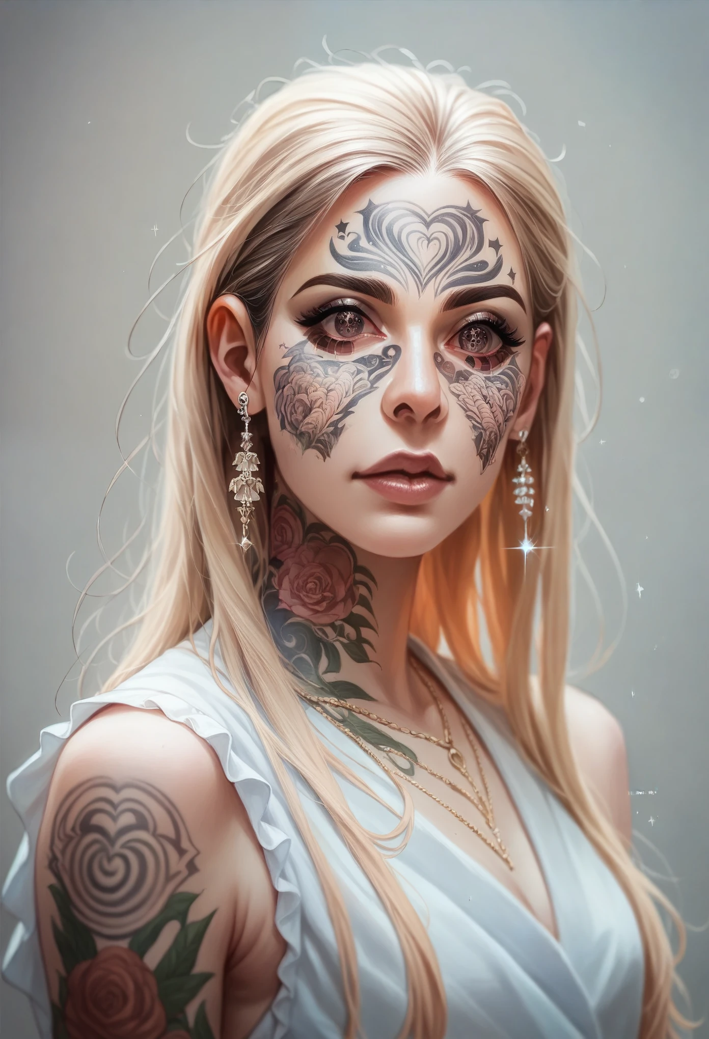 model shooting style, Raw photo of supermodel SKS walking the ramp of a Milan fashion show in a sparkly outfit, Tattoo, 8k, intricate details, detailed face and eyes,(rendered eyes) 