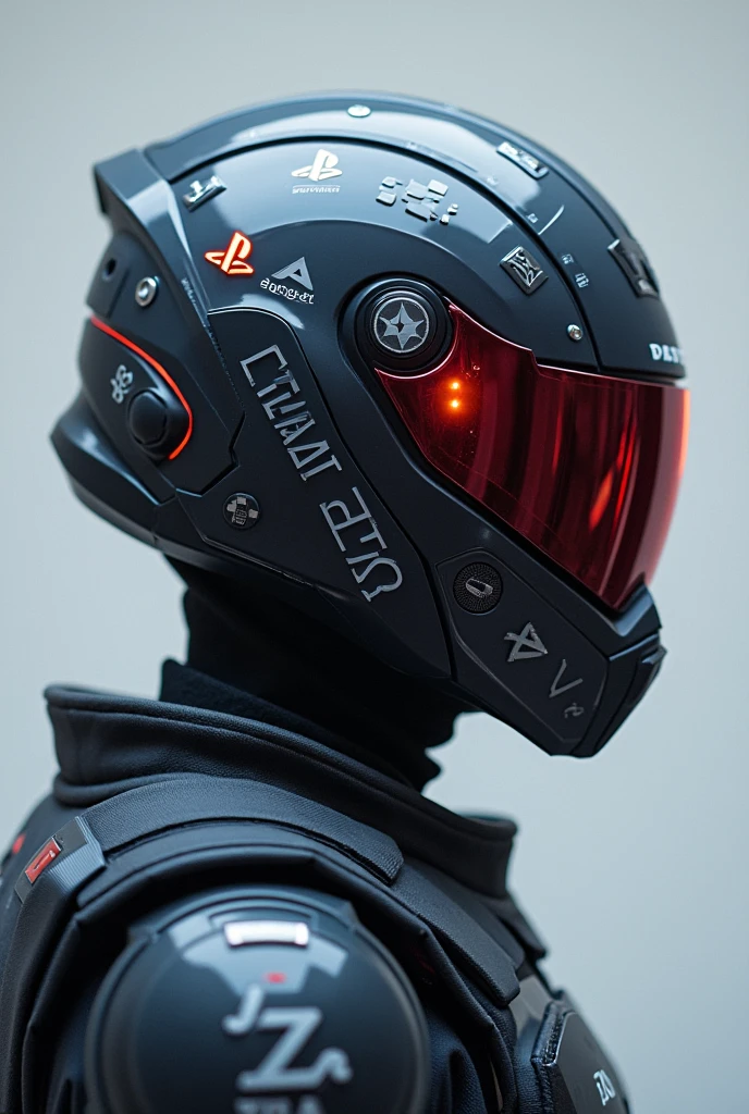 Create a side helmet with playstation design, and background with sony character symbols.