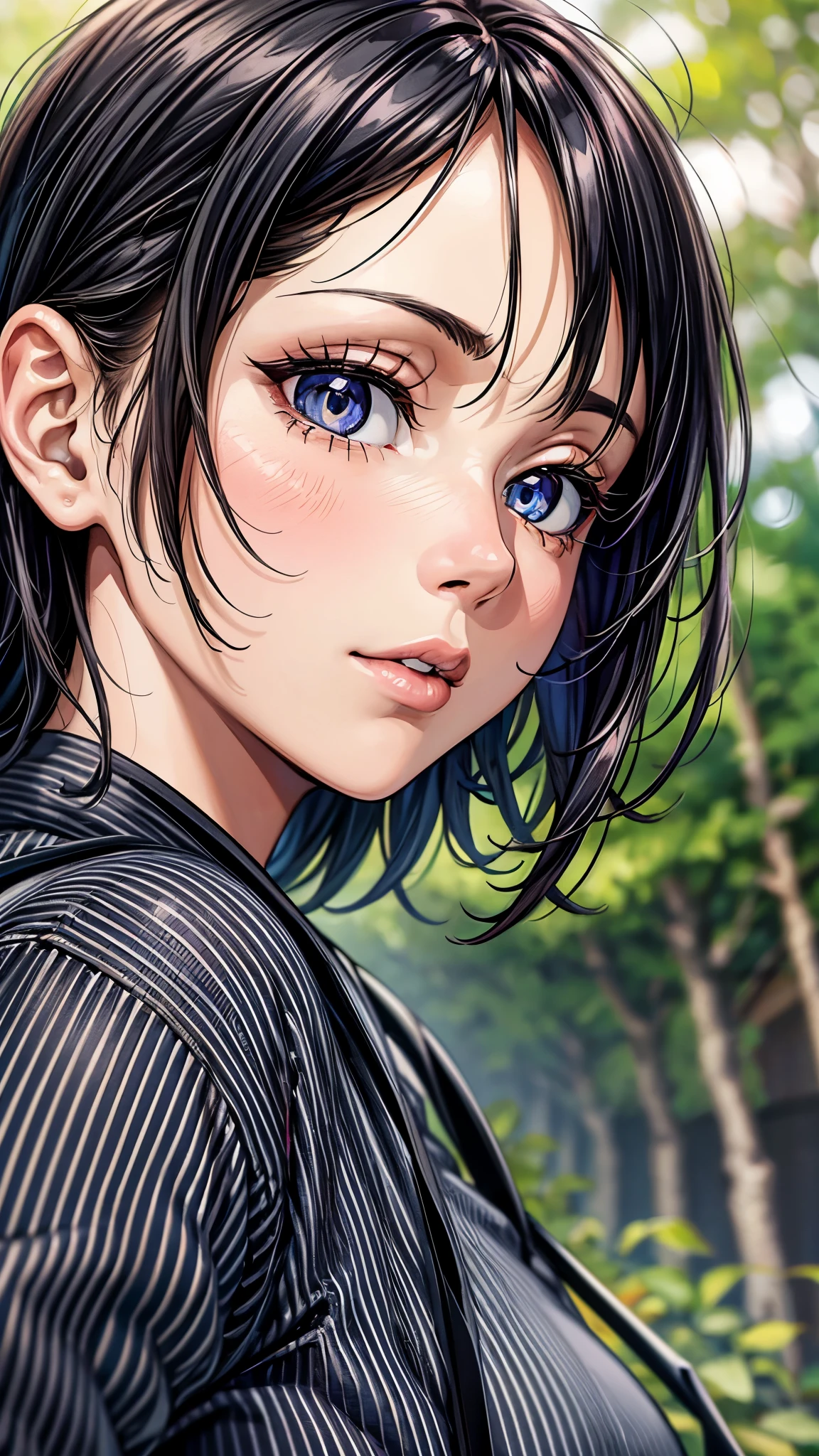 ((look away2.0)),((face close up)),beautiful detailed eyes, beautiful detailed lips, extremely detailed eyes and face, longeyelashes, 1 Japanese girl, inside theBamboo Forest ,,((dark skin color2.0)), (very short black hair),displeased,casual ((striped shirt, short sleeve)),((pink color wide pants)),blue sneaker, shoulder bag, walk the countryside,best quality, 4k, 8k, highres, masterpiece:1.2, ultra-detailed, realistic, photorealistic, photo-realistic:1.37, HDR, UHD, studio lighting, ultra-fine painting, sharp focus, physically-based rendering, extreme detail description, professional, vivid colors, bokeh, portraits