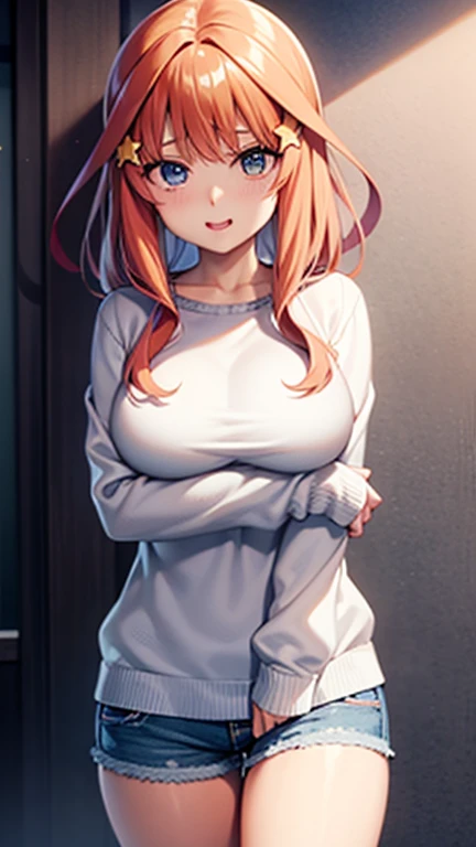 (Wearing a thick, pure white sweater)、(Redhead)、青い目をしたanime、(Big Breasts), ((Loose knitted sweater:1.4)), (hot pants:1.2),魅力的なanime, anime con pelo largo, 美しいanime, かわいいanime, anime, かわいいanime, 最高のanime, 萌えanimeアートスタイル, かわいいビジュアルanime, 肖像画のanime, anime, 魅惑的なanime, (anime), 若いanime、Yellow star hair ornament