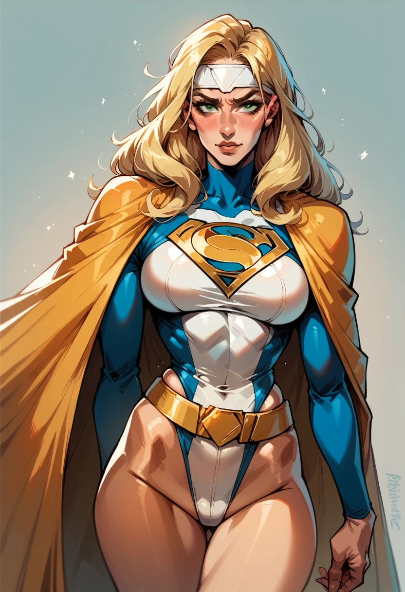 score_9, score_8_up, score_7_up, score_6_up, score_5_up, score_4_up, Sexy, Superheroine, blonde hair, green eyes, long hair, busty, ((White highleg leotard with a t-back thong)), gold belt, gold cape, thin white headband, cleavage cutout
