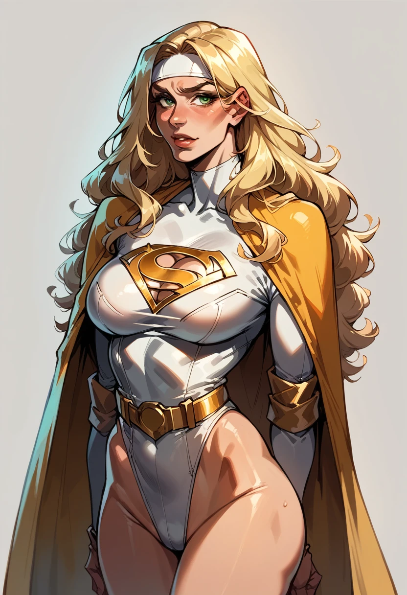 score_9, score_8_up, score_7_up, score_6_up, score_5_up, score_4_up, Sexy, Superheroine, blonde hair, green eyes, long hair, busty, ((White highleg leotard with a t-back thong)), gold belt, gold cape, thin white headband, cleavage cutout