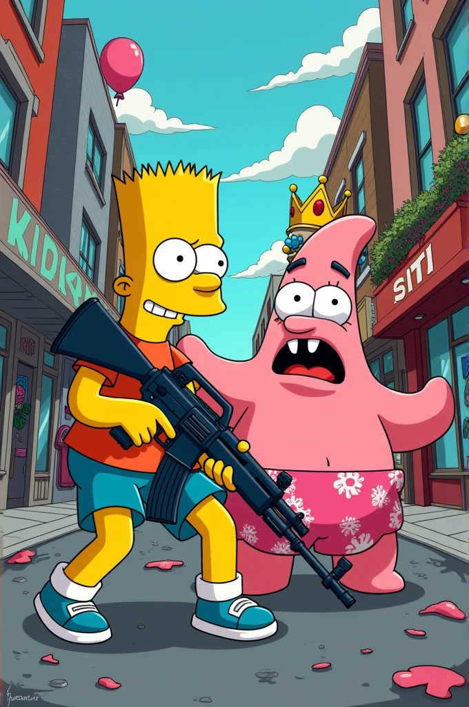 Bart Simpson Patrick Star and Princess Peach with AK-47 kidnapping children