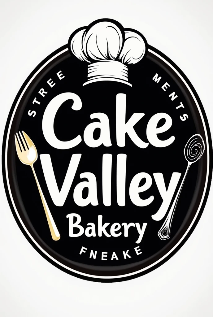 Cake Valley middle color black name can be text cake valley down the cake valley text write Bakery in small text size and circle In black and white border whole cake valley and Bakery name in inner the circle above cake valley name one black border draw a one chef hat side of Bakery text 2 different type spon and down side and outside then circle gave one more text