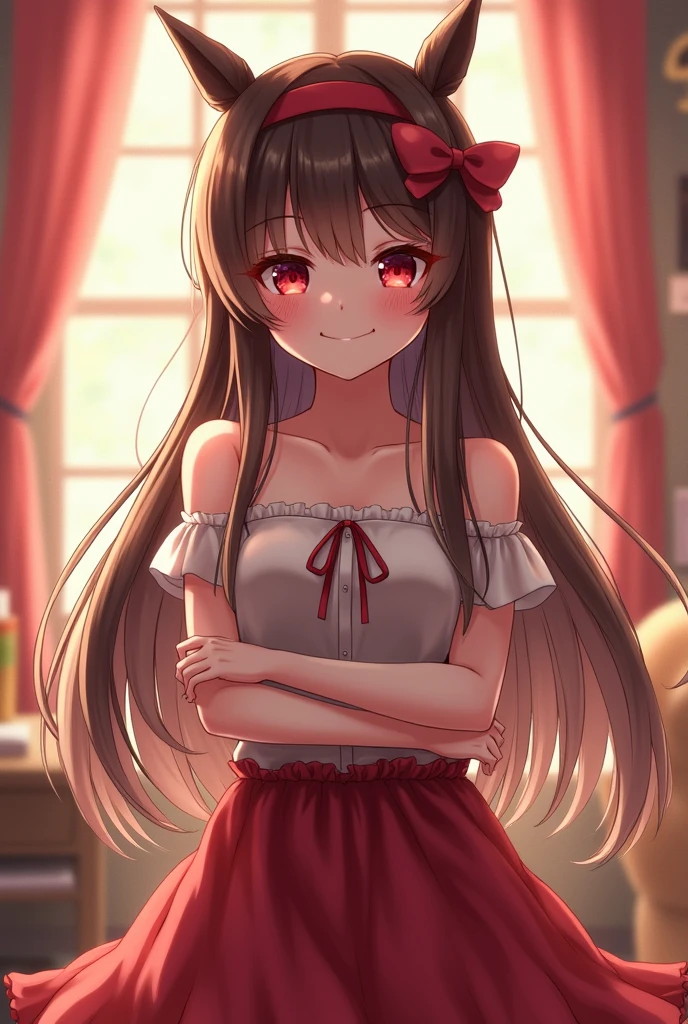1 girl, breasts, length hair, Brown hair, red eye, Große breasts, smile, Shy, Teuflisches smile, アニメ, naked