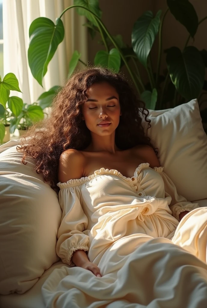 (photorealism:1.2), beautiful woman, sitting on bed, wearing loose off-shoulder top, pajama pants, long curly hair, indoors, soft lighting, plants in background, window with sunlight, cozy room, relaxed pose, realistic, intricate details, warm colors, by Greg Rutkowski, by Alphonse Mucha