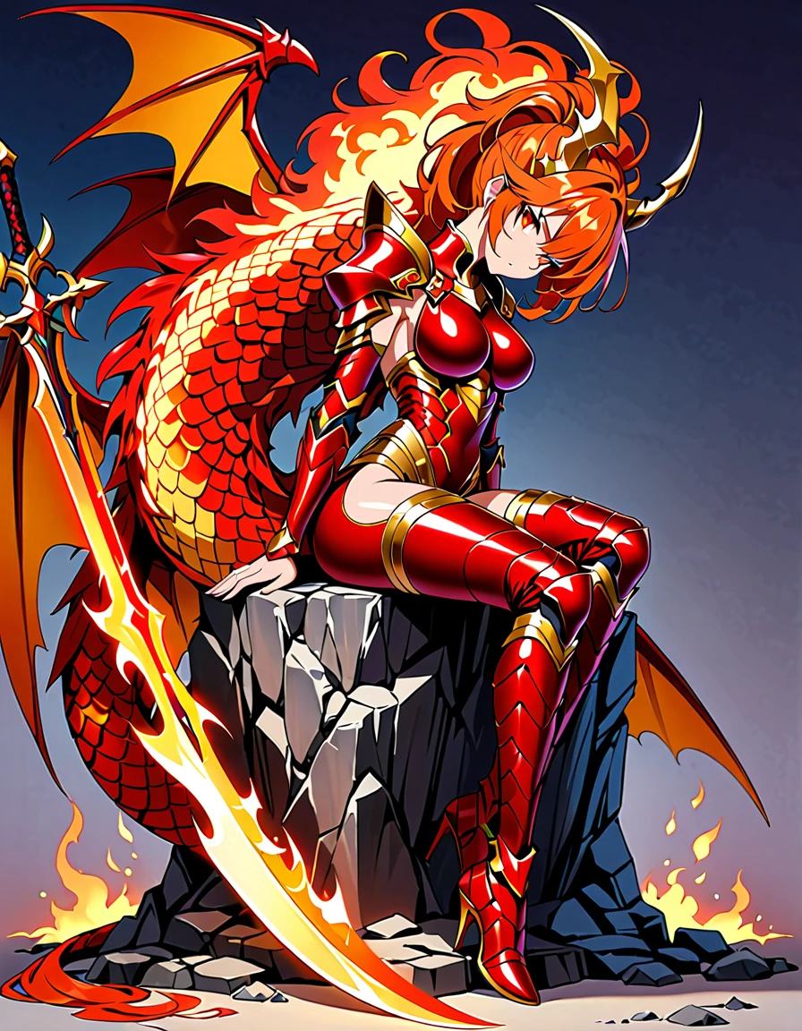 (((work of art, best qualityer, highy detailed, 16K))) Hz (1 girl) A fierce dragon knight with a savage body, fiery orange hair and glowing red eyes. She wears dragon scale armor that glows in shades of red and gold., and a large sword is strapped to his back. She is confident next to her dragon, her hand resting on his huge neck. ((full body view))
